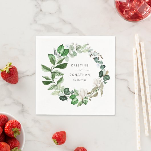 セージモダングリーンリースホワイトフローラズ結婚 スタンダードカクテルナプキン (インサイチュ)