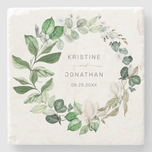 セージモダングリーンリースホワイトフローラズ結婚 ストーンコースター (正面)