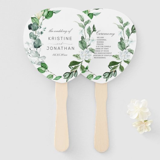 セージモダングリーンリースホワイトフローラズ結婚 ハンドファン (正面&裏面)