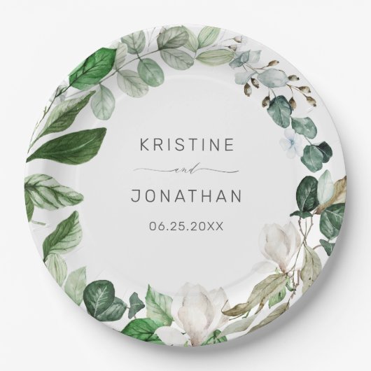 セージモダングリーンリースホワイトフローラズ結婚 ペーパープレート (正面)