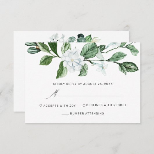 セージモダングリーンリースホワイトフローラズ結婚 出欠カード (正面/裏面)