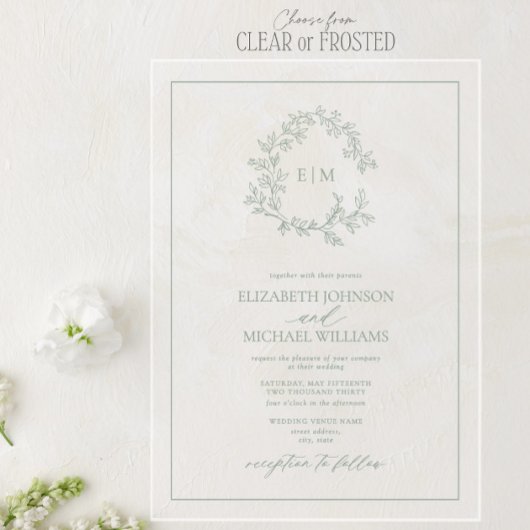 セージモダングリーンリーピークレストモノグラム結婚ズ アクリル招待状