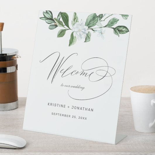 セージモダングリーンリー白フローラ結婚ズ・ウェルカム 台座サイン (インサイチュ)