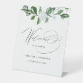 セージモダングリーンリー白フローラ結婚ズ・ウェルカム 台座サイン (正面)
