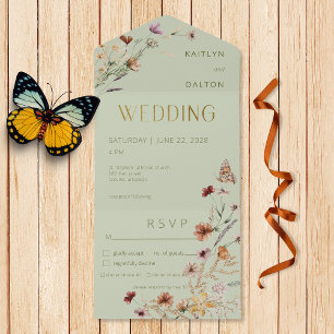 セージモダングリーンワイルドフラワーブーケディナー オールインワン招待状