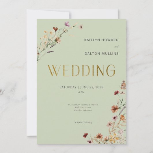 セージモダングリーンワイルドフラワーブーケ結婚ーズ 招待状 (正面)
