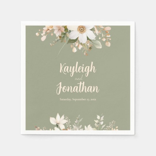 セージモダングリーン水カラー結婚フローラ スタンダードカクテルナプキン (正面)