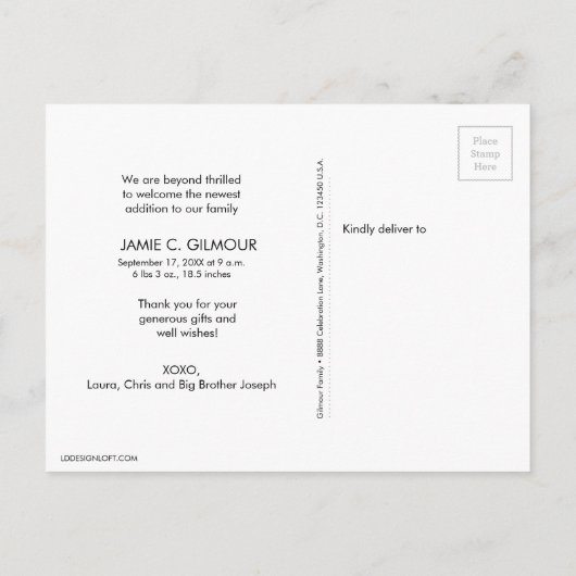 セージモダングリーン第2ベビー誕生写真コラージュ 案内ポストカード (裏面)