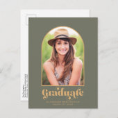 セージモダングリーン金ゴールドアーチ写真卒業パーティー 案内ポストカード (正面/裏面)