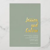 セージモダングリーン金ゴールド文字結婚式招待状 箔招待状 (正面)