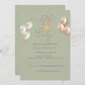 セージモダンハートバルーン中性ベビーシャワー 招待状 (正面/裏面)