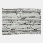 セージモダン樺の木の木と赤(鳥)ショウジョウコウカンチョウの鳥 キッチンタオル (横)