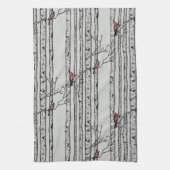 セージモダン樺の木の木と赤(鳥)ショウジョウコウカンチョウの鳥 キッチンタオル (縦)