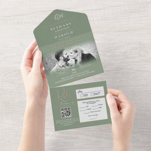 セージモノグラムすべて1つの結婚式の招待 オールインワン招待状 (貼ってはがせる)