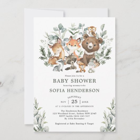 セージユーカリ森林動物の赤ちゃんシャワー 招待状 (正面)