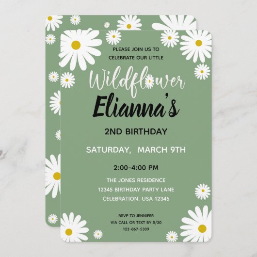 セージワイルドフラワーデイジーガール誕生日招待状 招待状 (正面/裏面)