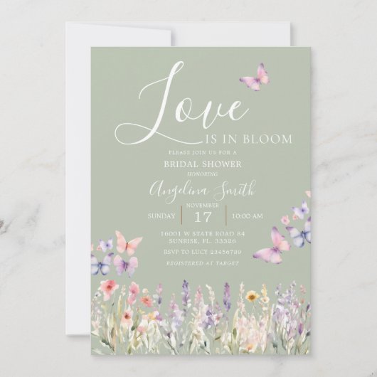 セージワイルドフラワーフローラバタフライブライダルシャワー 招待状 (正面)