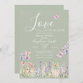 セージワイルドフラワーフローラバタフライブライダルシャワー 招待状 (正面/裏面)