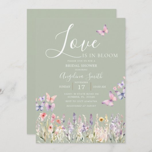 セージワイルドフラワーフローラバタフライブライダルシャワー 招待状 (正面/裏面)