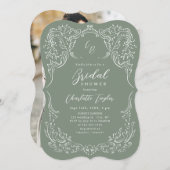 セージヴィンテージフローリッシュモノグラムブライダルシャワー 招待状 (正面/裏面)
