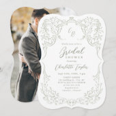 セージヴィンテージフローリッシュモノグラムブライダルシャワー 招待状 (正面/裏面)