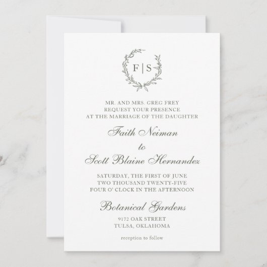 セージ伝統的グリーンリース結婚式招待状 招待状 (正面)