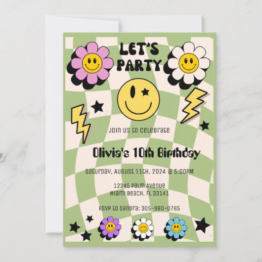 セージ名門私立校風のグリーンハッピー顔パーティー誕生日 招待状 (正面)