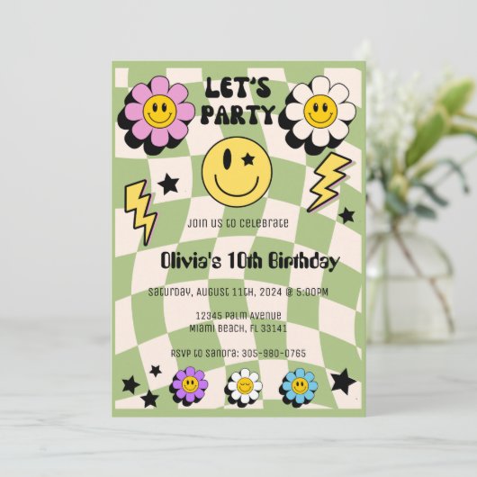 セージ名門私立校風のグリーンハッピー顔パーティー誕生日 招待状 (スタンド正面)