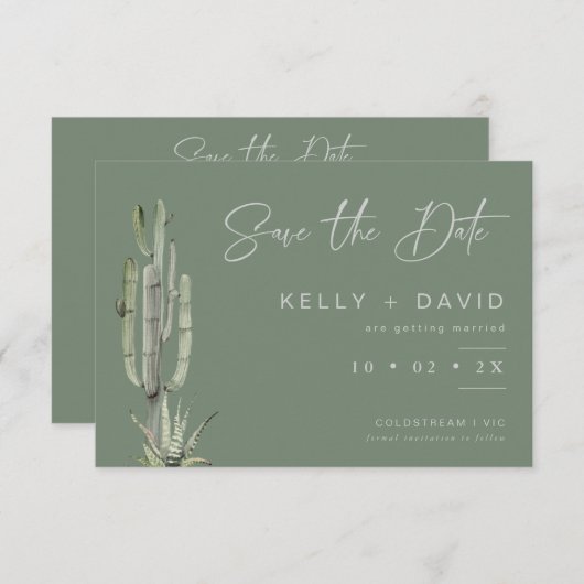 セージ多肉性サボテンの結婚式日付カードを保存 招待状 (正面/裏面)