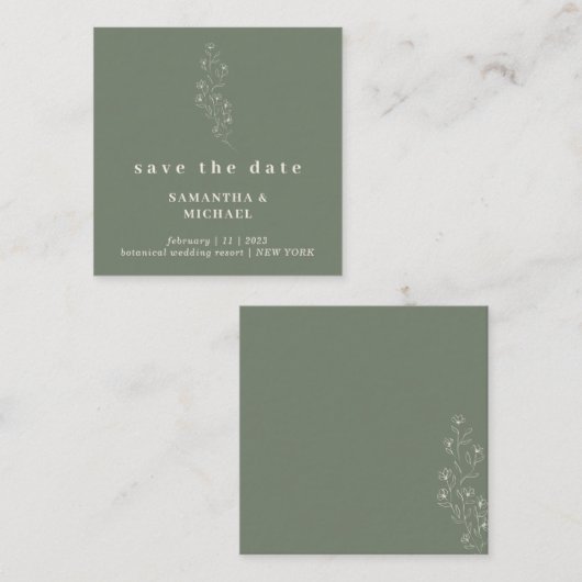 セージ小さなフローラミニスクエアウェディング日付を保存 エンクロージャーカード (正面/裏面)