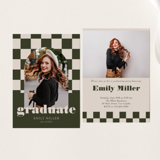 セージ市松模様にレトロArchクラシック写真卒業 招待状