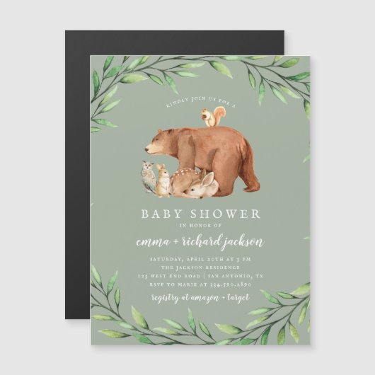 セージ樹林森林動物ベビーシャワー マグネット招待状 (正面/裏面)