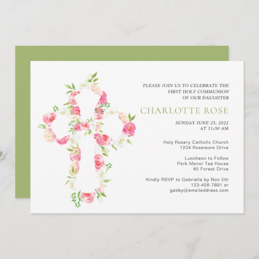 セージ水の色のフローラクロス最初の聖餐式 招待状 (正面/裏面)