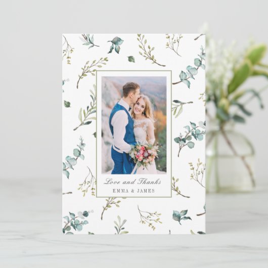 セージ水色ユーカリ模様結婚写真 サンキューカード (スタンド正面)
