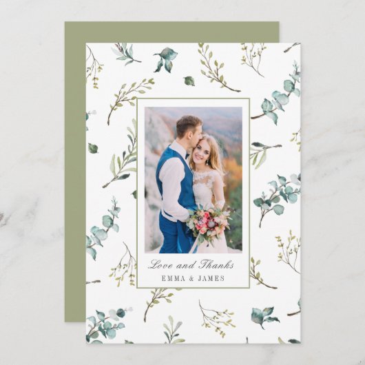セージ水色ユーカリ模様結婚写真 サンキューカード (正面/裏面)
