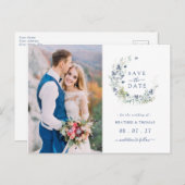 セージ海軍植物性リース結婚式日付を保存 案内ポストカード (正面/裏面)