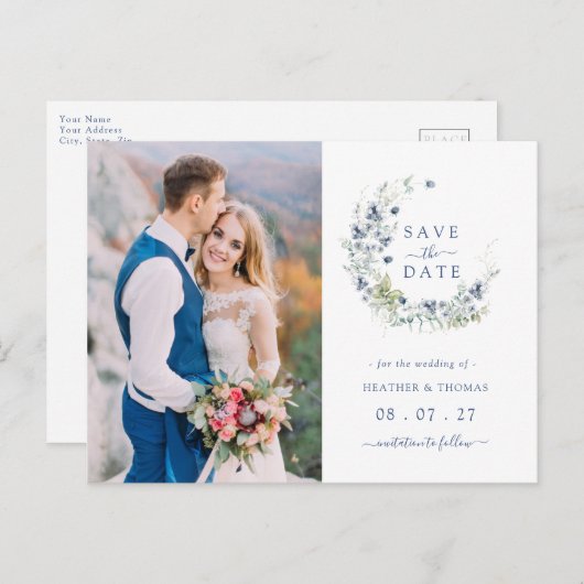 セージ海軍植物性リース結婚式日付を保存 案内ポストカード (正面/裏面)