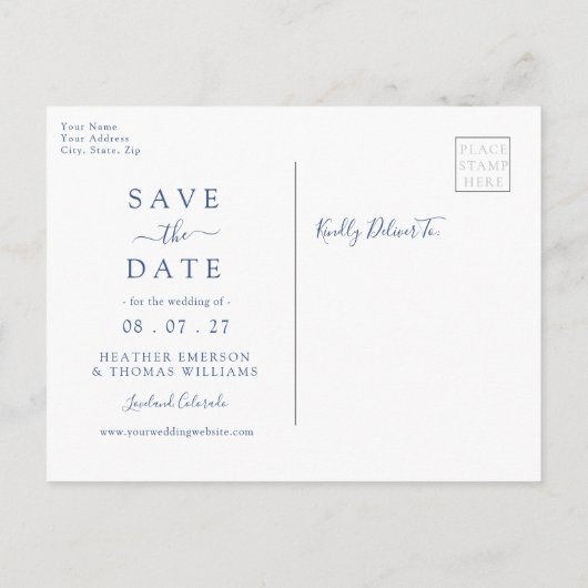 セージ海軍植物性リース結婚式日付を保存 案内ポストカード (裏面)