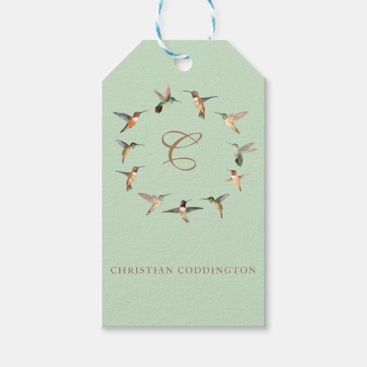 セージ淡い色のモノグラムハミングバード ギフトタグ (正面)