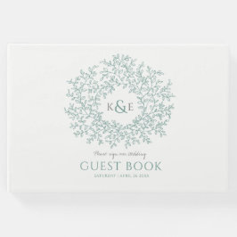 セージ灰色の緑の白い葉モノグラム結婚アート ゲストブック