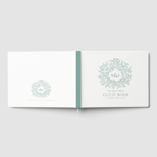 セージ灰色の緑の白い葉モノグラム結婚アート ゲストブック (全面)