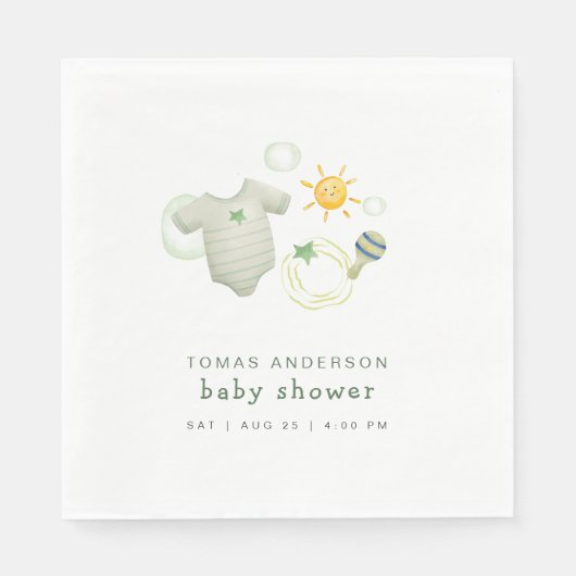 セージ男女兼用グリーンベビー服おもちゃシャワー スタンダードランチョンナプキン (正面)