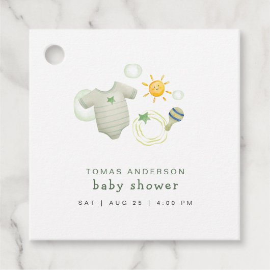 セージ男女兼用グリーンベビー服おもちゃシャワー フェイバータグ (正面)