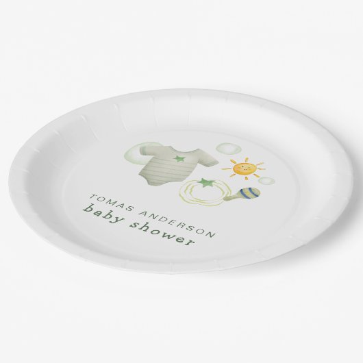 セージ男女兼用グリーンベビー服おもちゃシャワー ペーパープレート (アングル)