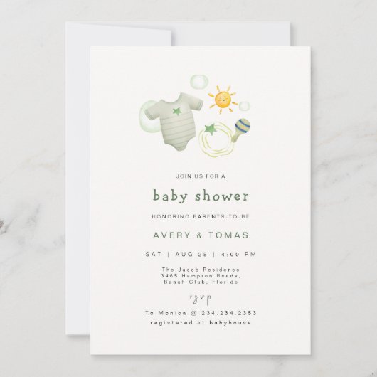 セージ男女兼用グリーンベビー服おもちゃシャワー 招待状 (正面)