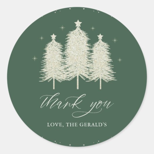セージ白クリスマスツリーズホリデーサンキュー ラウンドシール (正面)