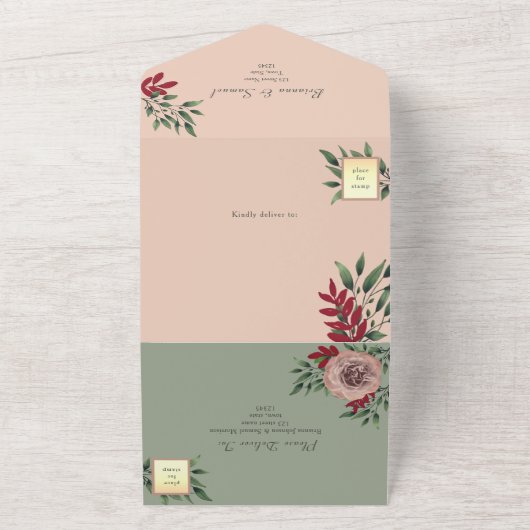 セージ素朴とピンクのフローラの結婚数 オールインワン招待状 (外側)
