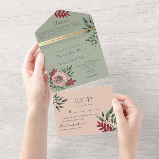 セージ素朴とピンクのフローラの結婚数 オールインワン招待状 (貼ってはがせる)