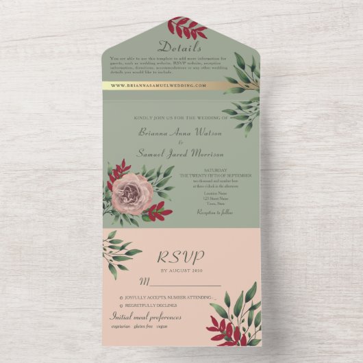 セージ素朴とピンクのフローラの結婚数 オールインワン招待状 (内側)
