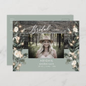 セージ素朴の葉のライトと白フローラ インビテーションポストカード (正面/裏面)